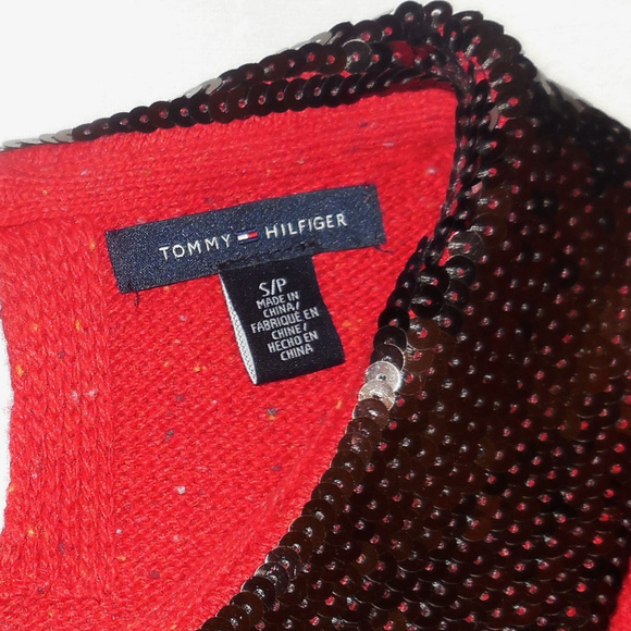 Tommy Hilfiger Sweater Small Petite Red Sequin short sleeve knit top - Picture 2 of 3